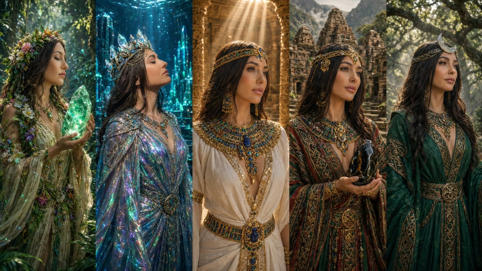 Mujeres de diferentes épocas en un paisaje de fantasía ancestral